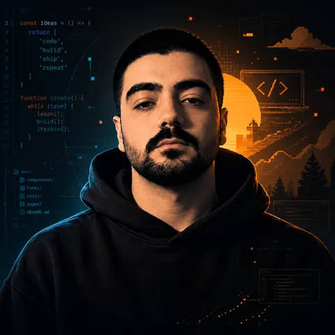 Sefa Ekici, kod satırları ve pixel-art bir şehir siluetiyle çevrili portresi